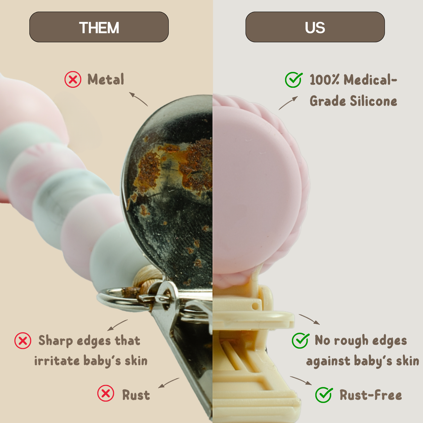 Metal-Free Beaded Silicone and Breech Wood Pacifier Clips