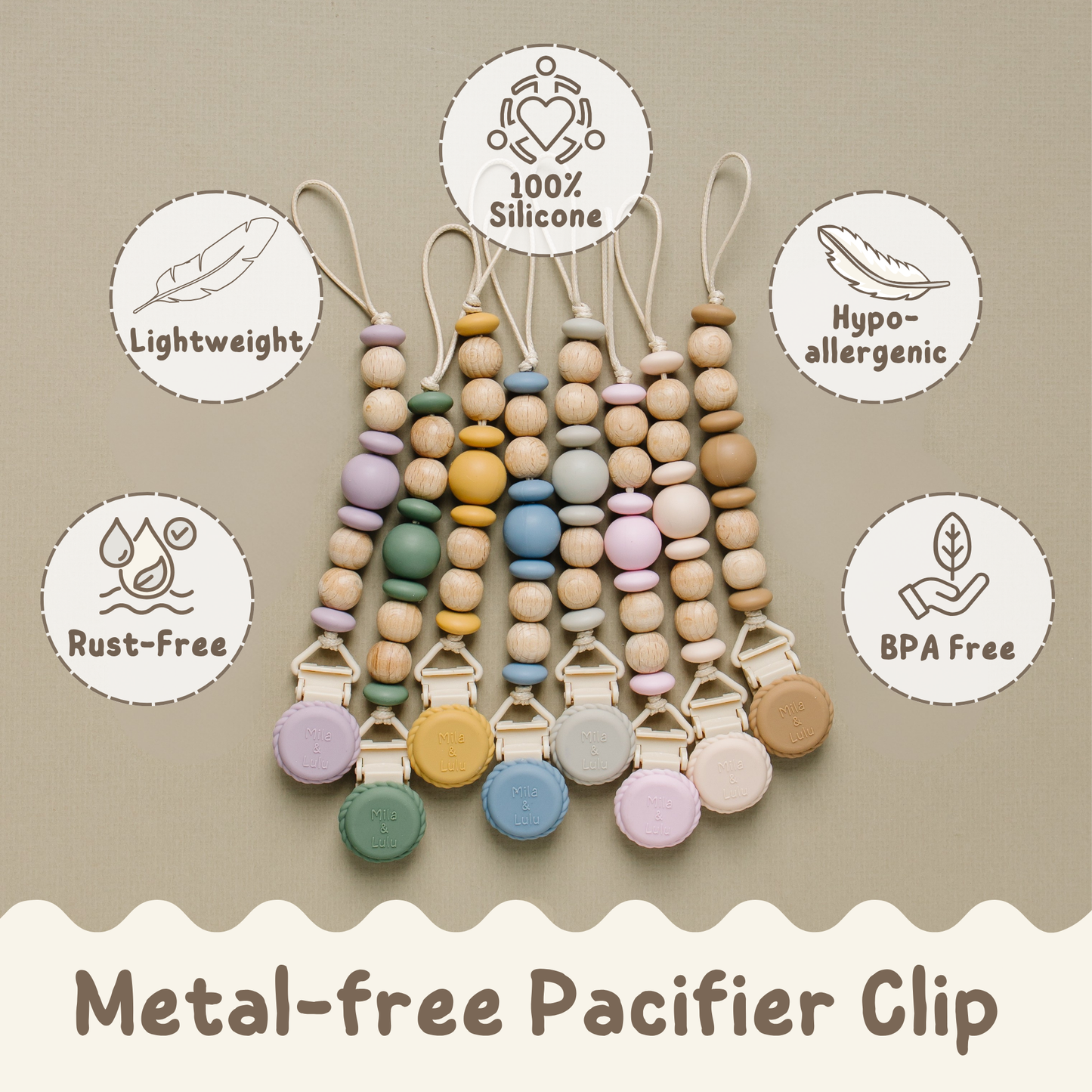 Mila & Lulu silicone pacifier clips, baby pacifier clips, neutral colors pacifier clips, metal-free pacifier clips-, rust free pacifier clips