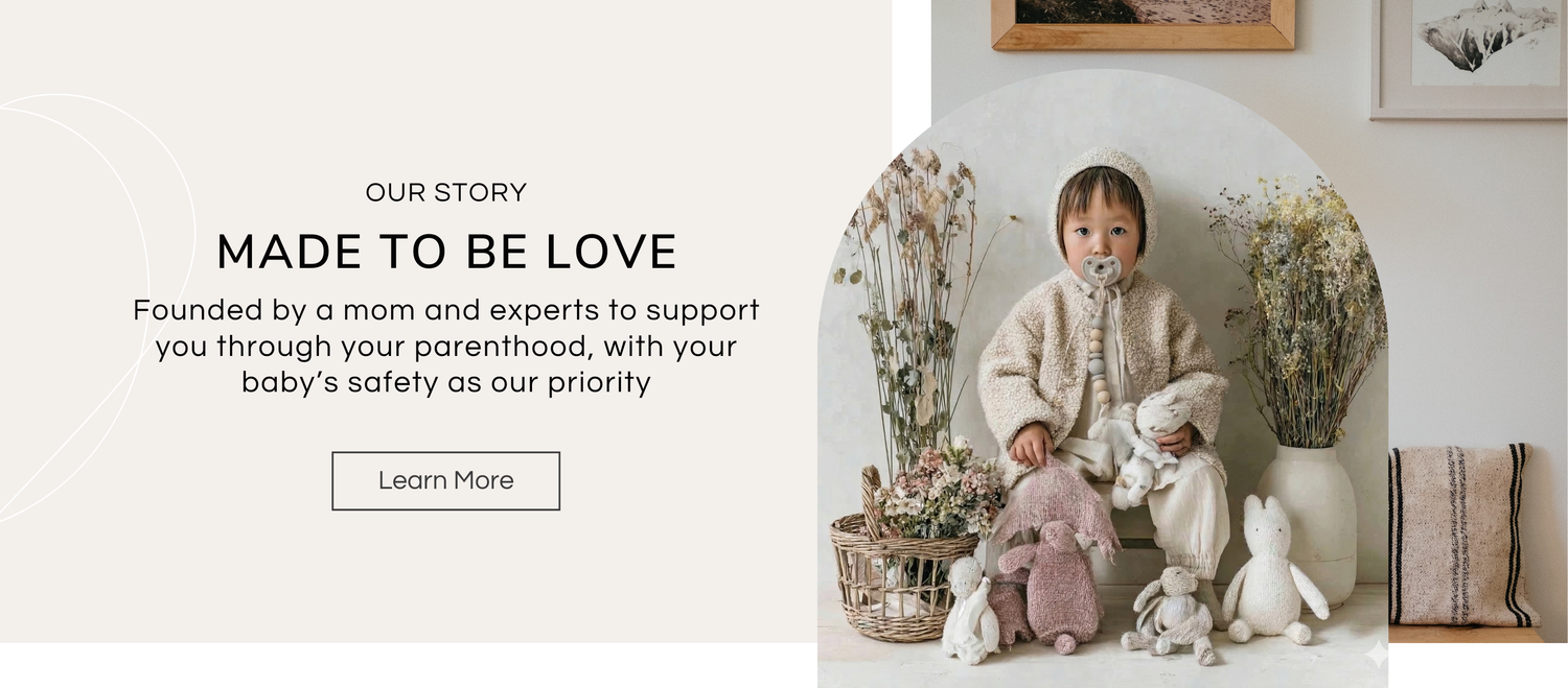 Baby sitting with stuffed animals in a room decorated with plants and framed pictures, with text about the brand's mission.