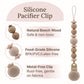 Mila & Lulu Beige silicone pacifier clip features: natural beech wood, food-grade silicone, BPA/PVC/latex-free, metal-free rust-free clip