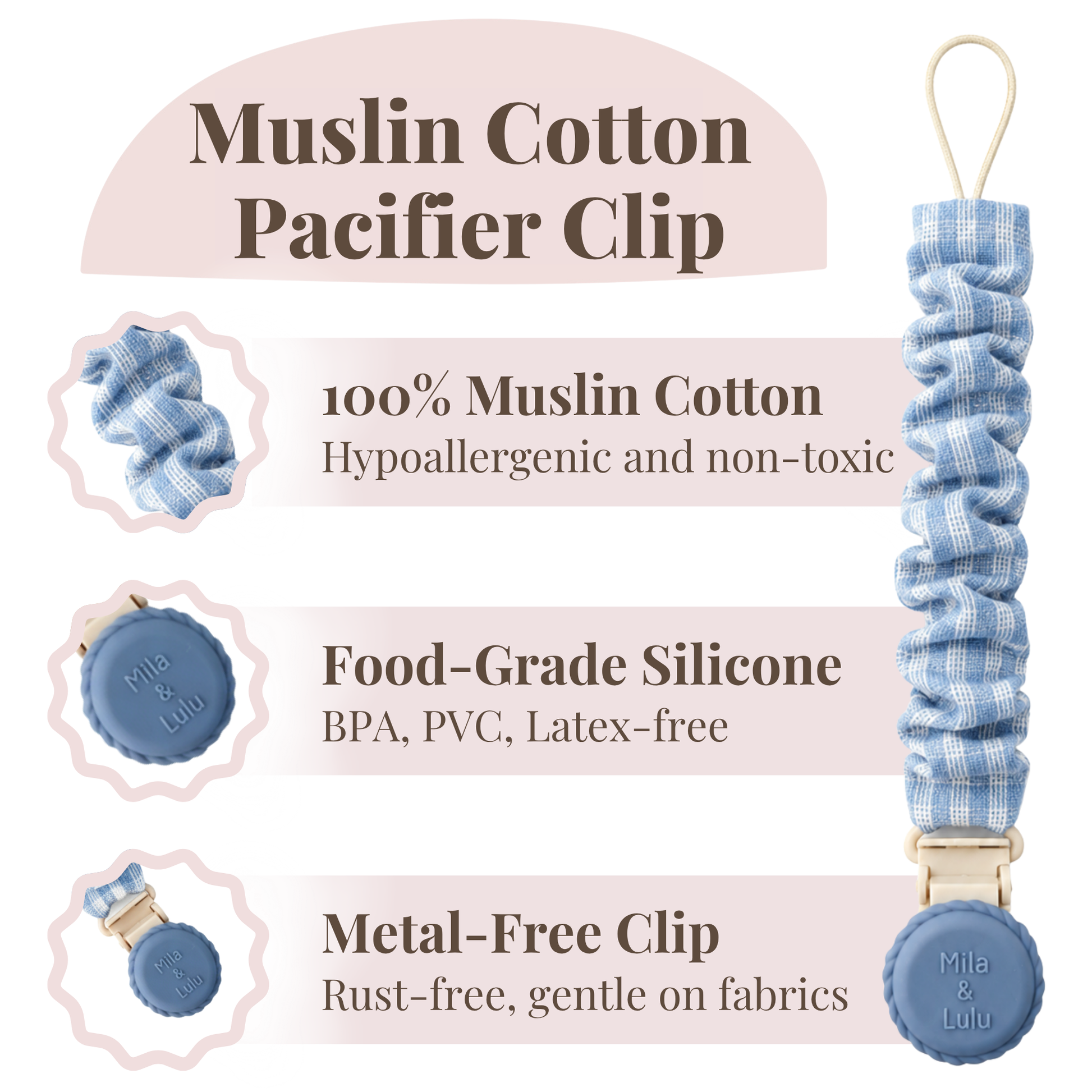 Muslin cotton pacifier clips