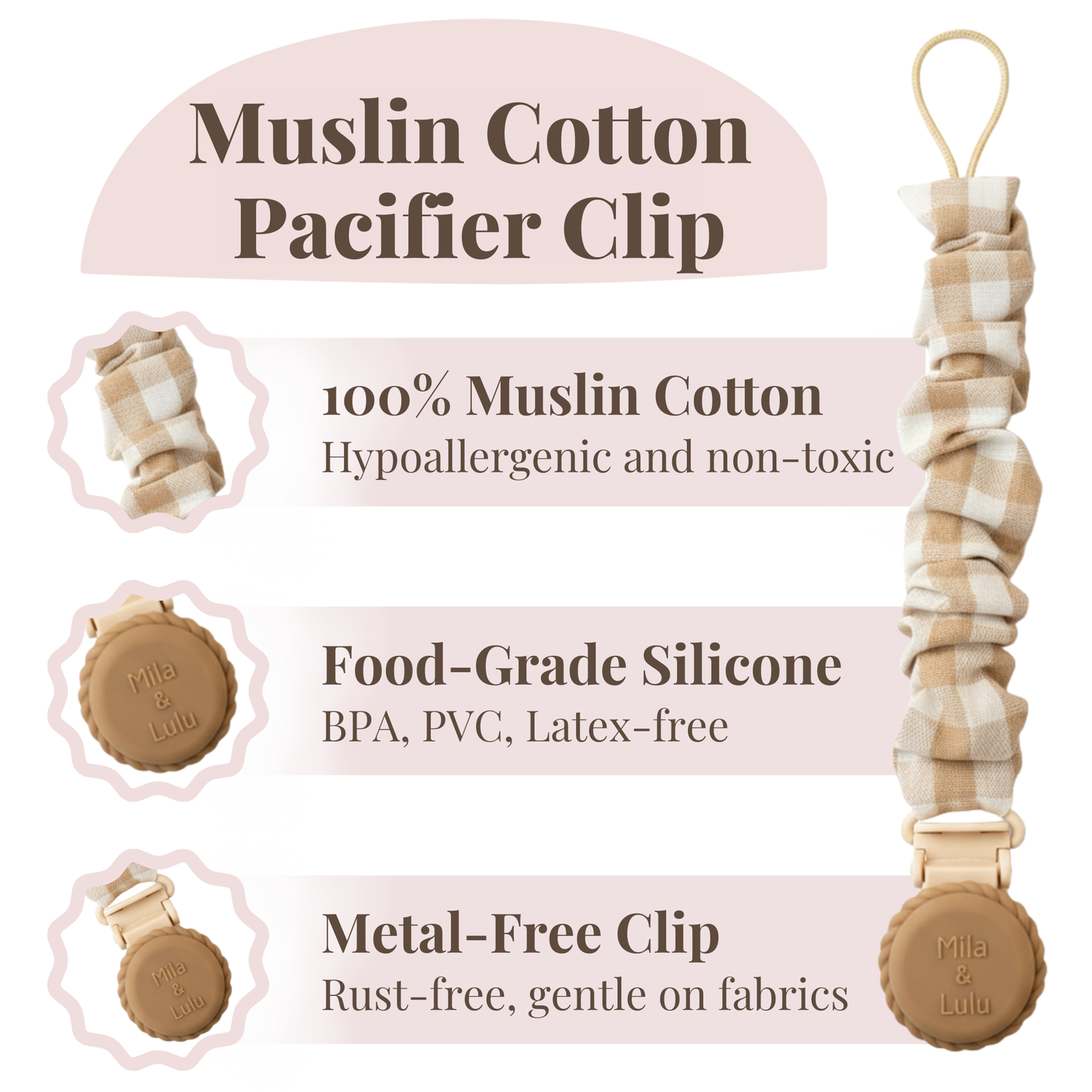 Metal-Free Muslin Cotton and Silicone Pacifier Clips