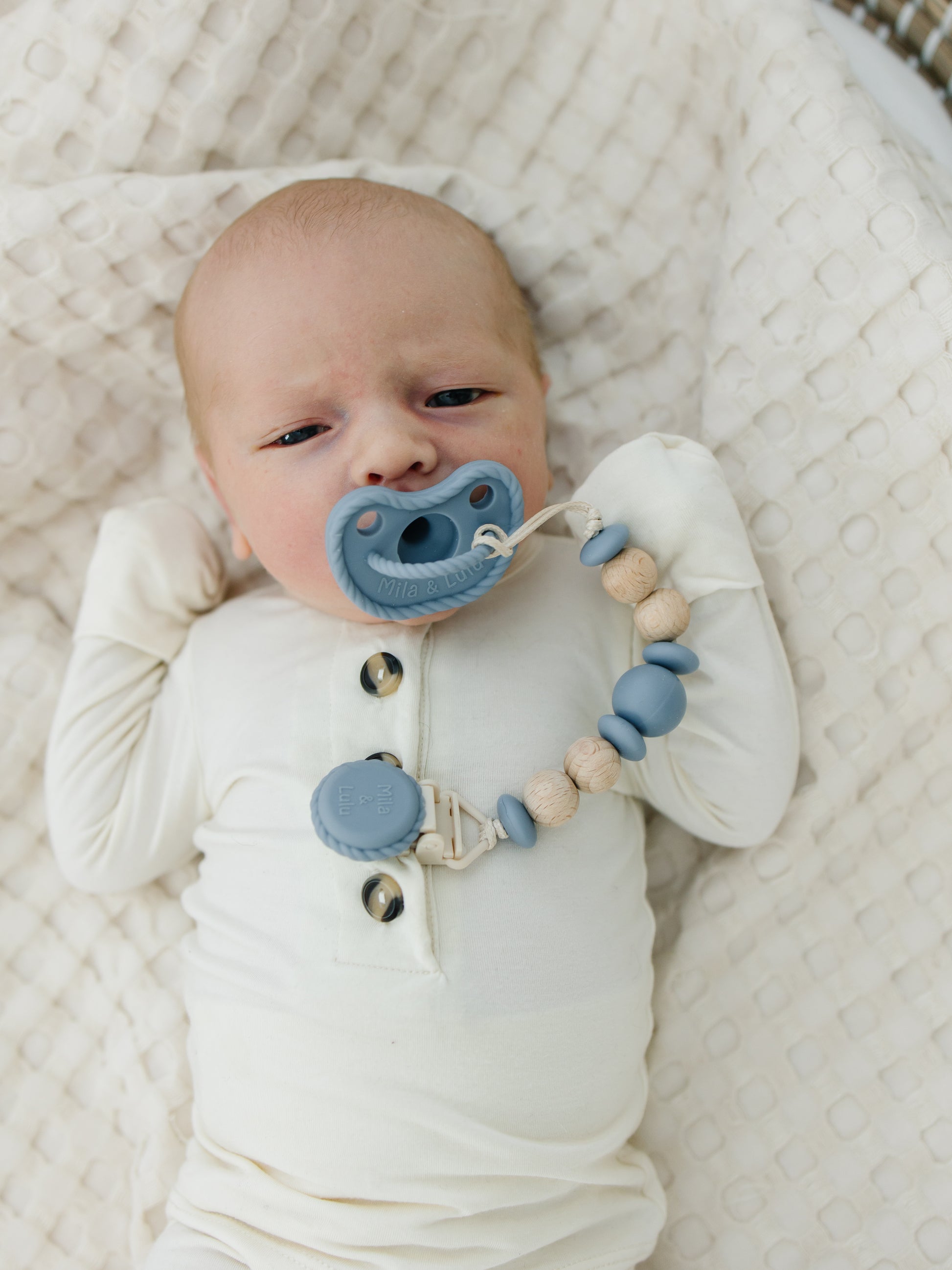 Blue silicone pacifier clip  BPA-free and non-toxic silicone 