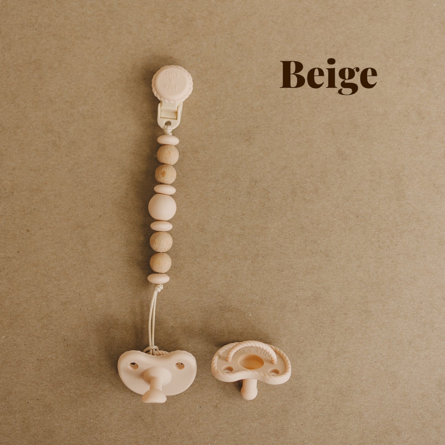 Silicone non-toxic rust free pacifier clip set in color Beige