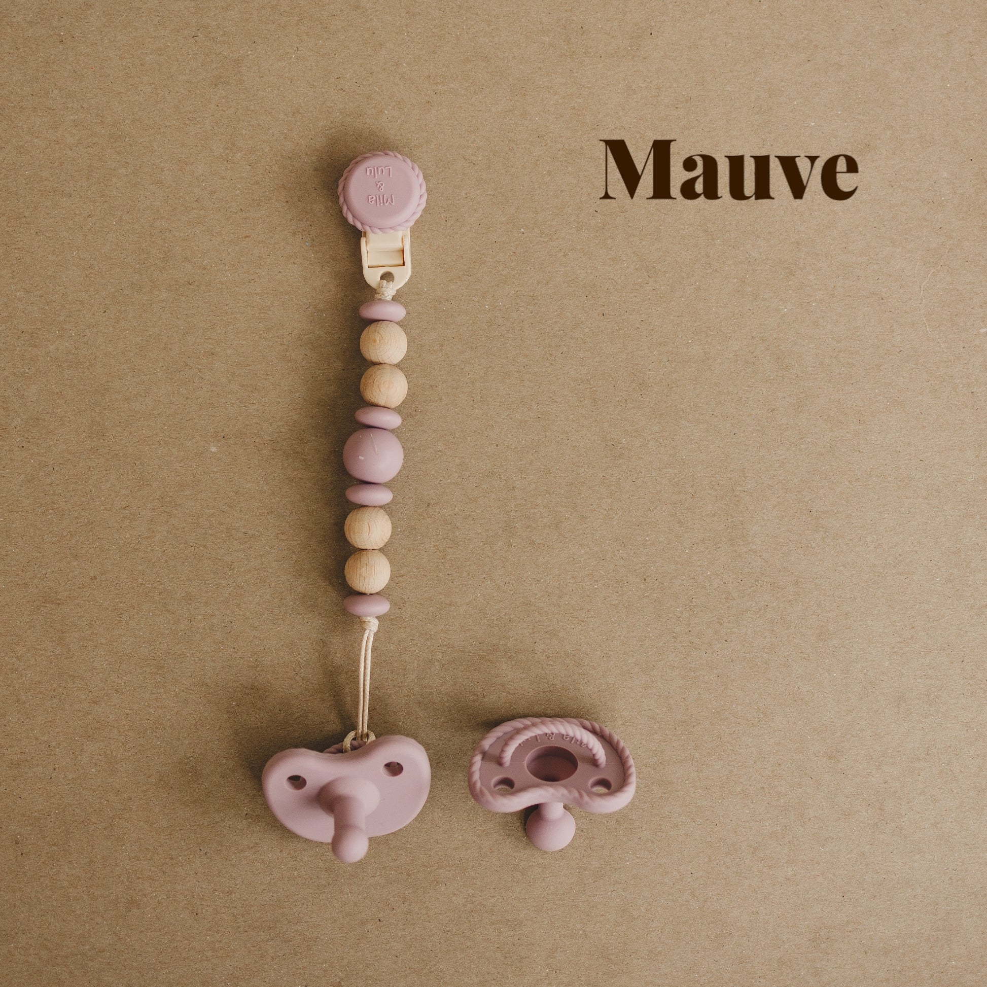 Silicone non-toxic rust free pacifier clip set in color Mauve