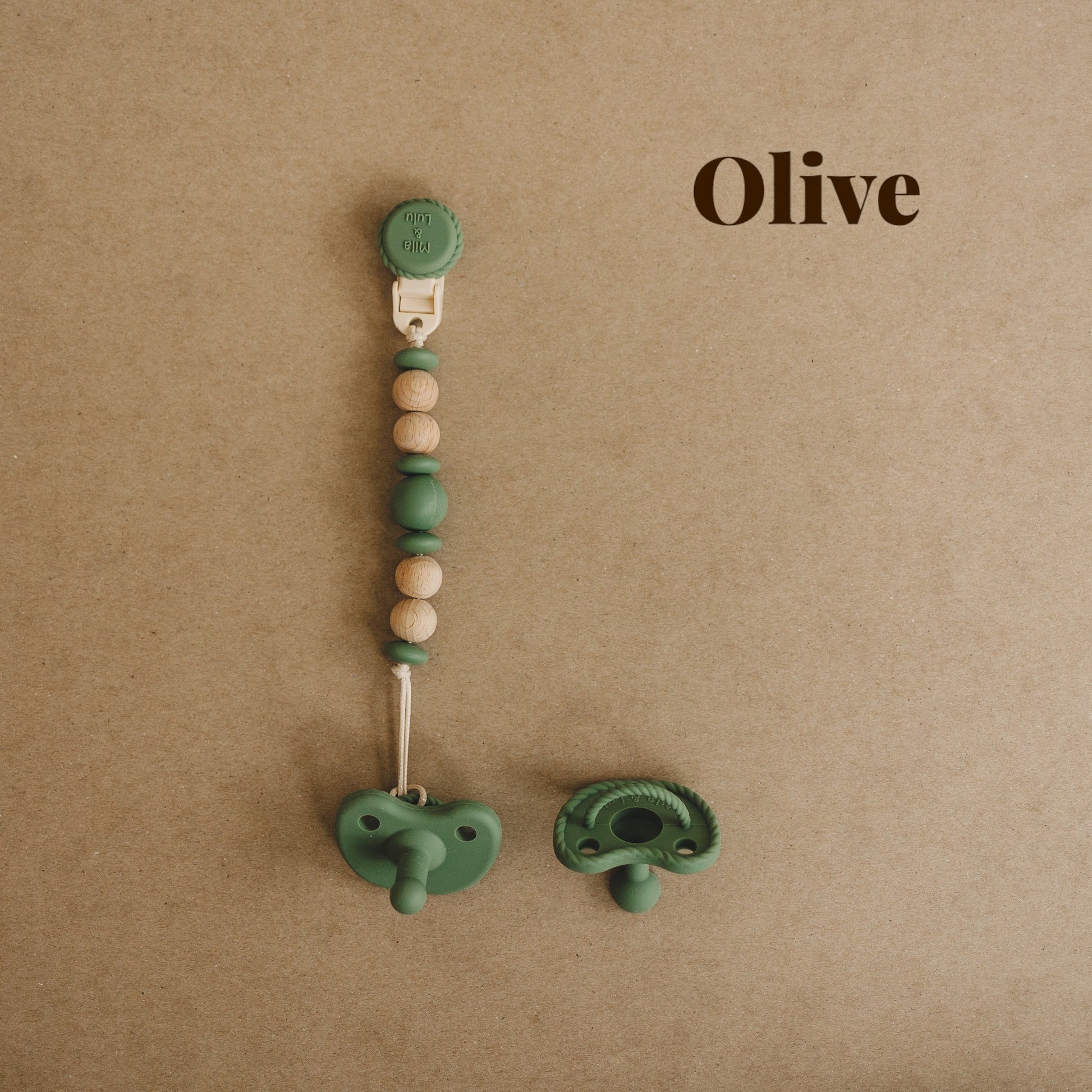 Silicone non-toxic rust free pacifier clip set in color Olive