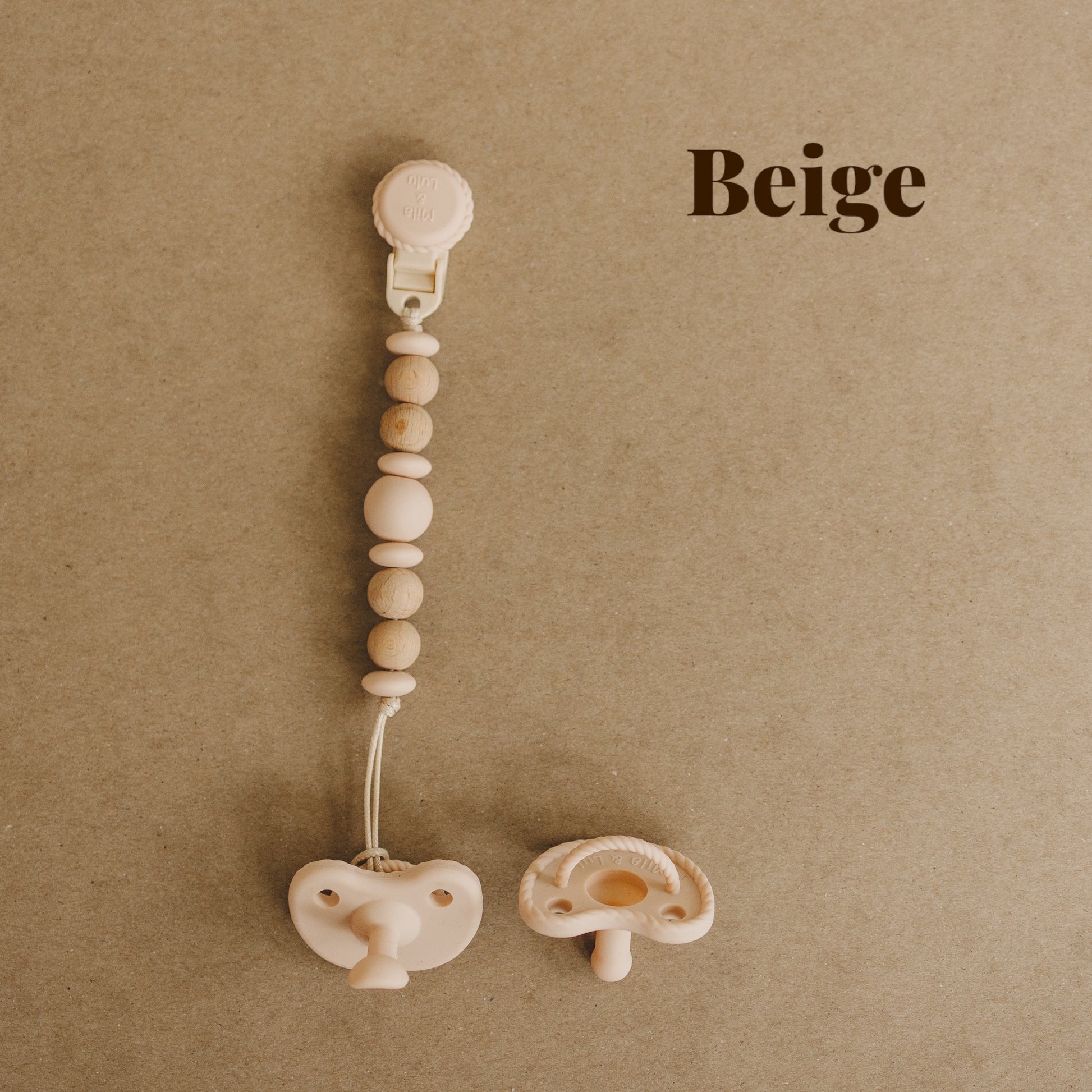 Mila and lulu Beige set of silicone pacifiers and clips, non-toxic and BPA free