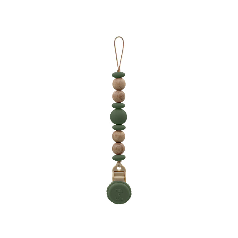 Metal free, plastic free and rust free Olive silicone pacifier clip