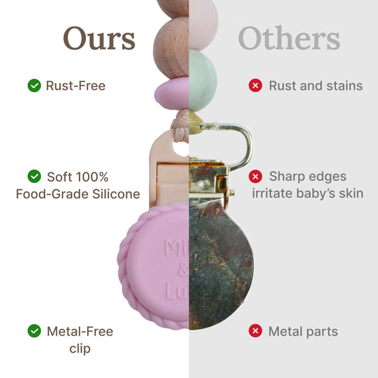 Mila & Lulu metal-free pacifier clip comparison: rust-free, soft food-grade silicone, no metal parts vs competitors